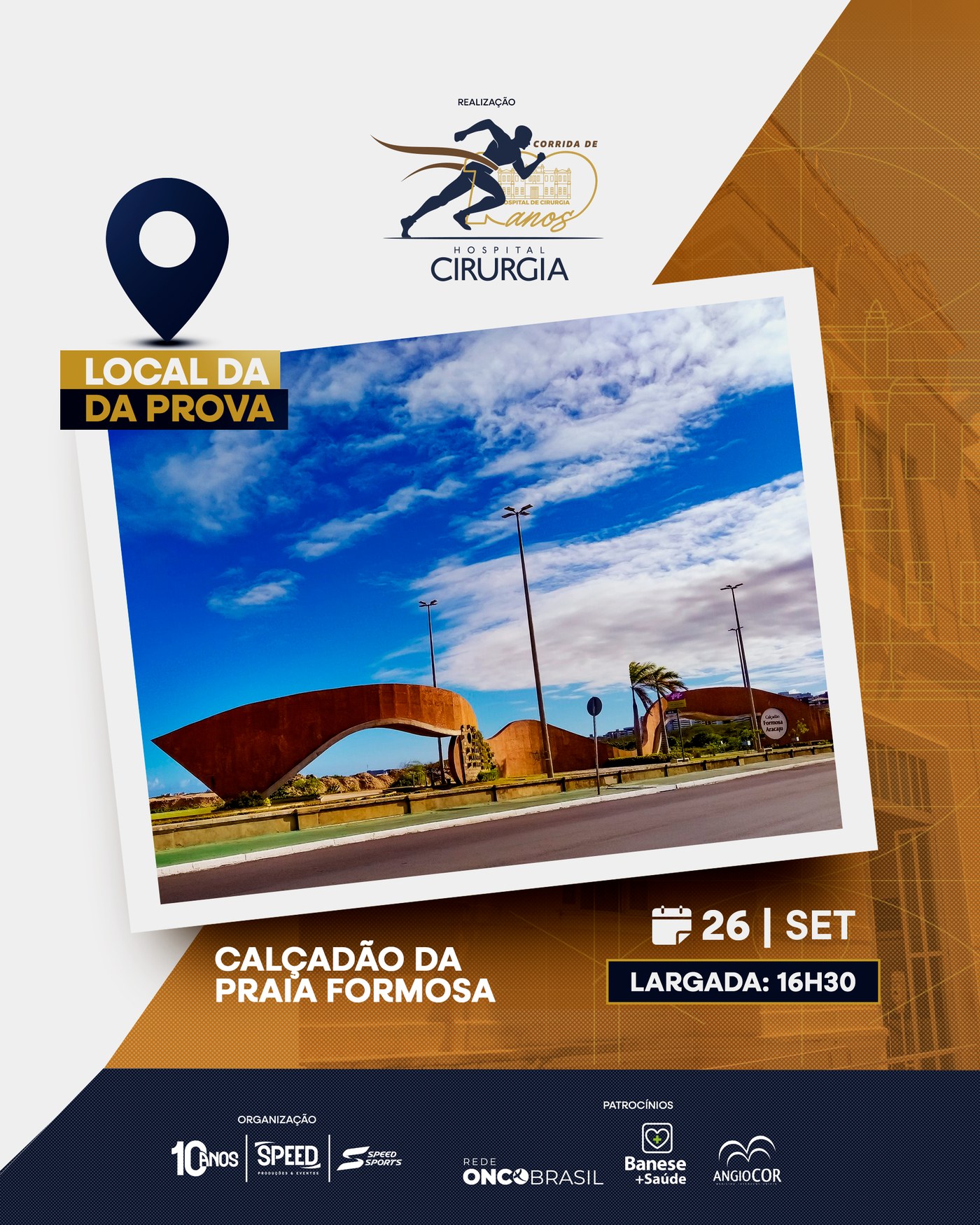 Arte de divulgação da Corrida dos 100 Anos, com local e horário da largada